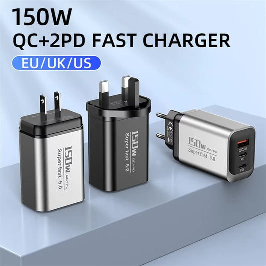 3 Ports USB Charger 150W Type C Fast Charging Mobile Phone Power Adapter EU/US/UK Plug For Samsung Xiaomi USB QC5.0 Wall Adapter