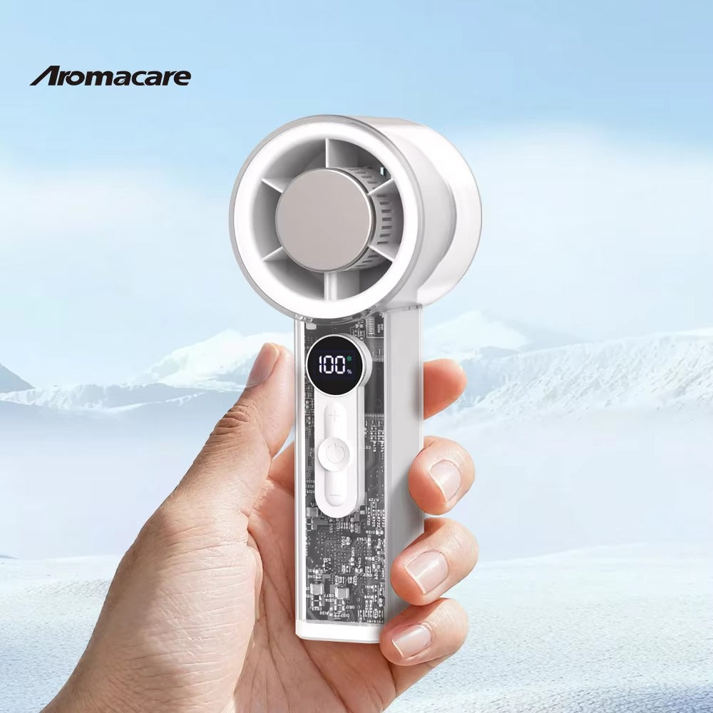 Aromacare Outdoor Turbo Handheld AC Fan High Speed Rechargeable Ice Cooling Handheld Fan With Cooling