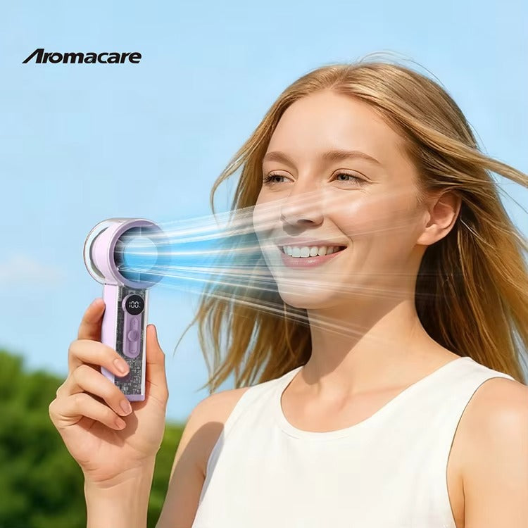 Aromacare Outdoor Turbo Handheld AC Fan High Speed Rechargeable Ice Cooling Handheld Fan With Cooling