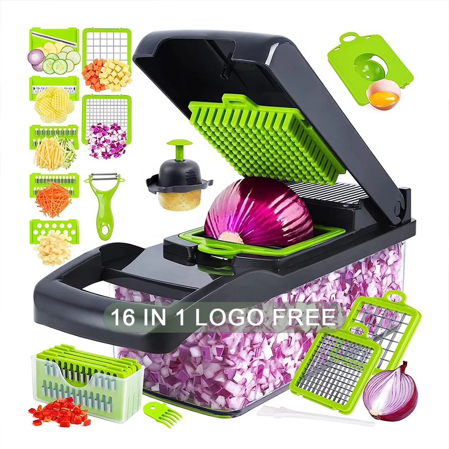 16 in 1 Handheld Slicers Dicers Graters, Multifunctional Vegetable Chopper Kitchen Food Tool with Container & Safety Guard