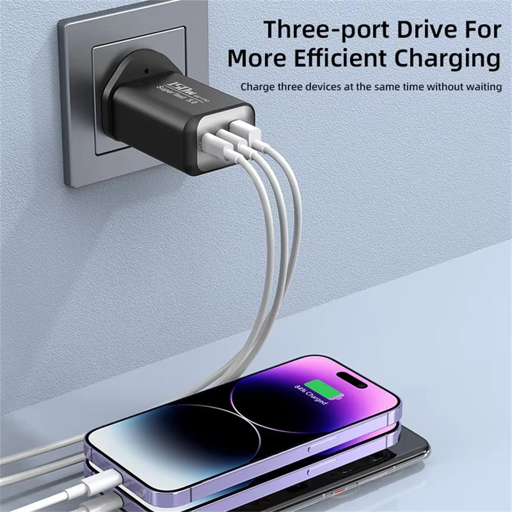 3 Ports USB Charger 150W Type C Fast Charging Mobile Phone Power Adapter EU/US/UK Plug For Samsung Xiaomi USB QC5.0 Wall Adapter