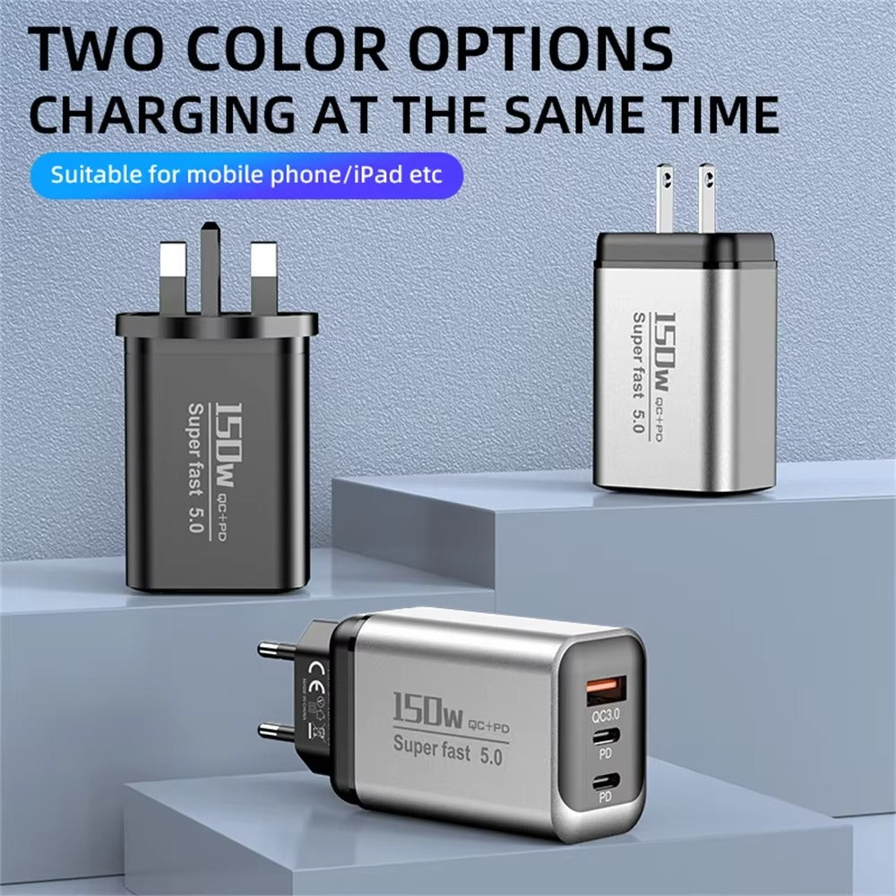 3 Ports USB Charger 150W Type C Fast Charging Mobile Phone Power Adapter EU/US/UK Plug For Samsung Xiaomi USB QC5.0 Wall Adapter