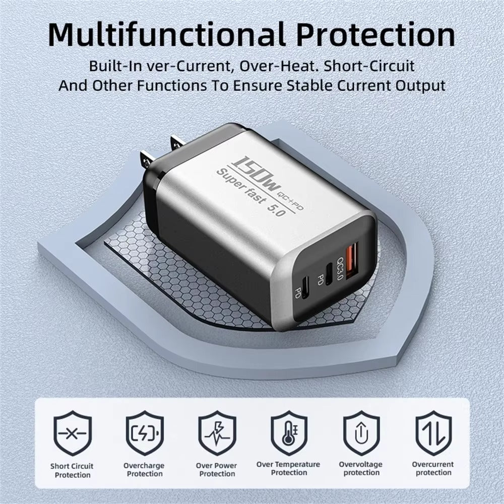 3 Ports USB Charger 150W Type C Fast Charging Mobile Phone Power Adapter EU/US/UK Plug For Samsung Xiaomi USB QC5.0 Wall Adapter